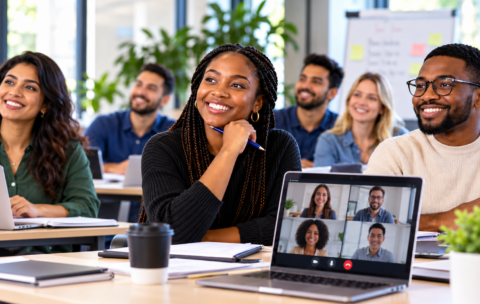 Diverse professionals in a bright hybrid classroom-1